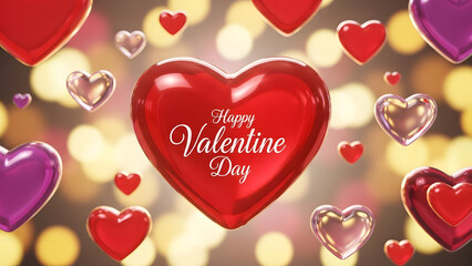Happy valentine day text on a glossy red heart with a bokeh background of golden and silver hearts