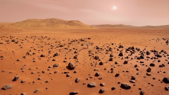 Astronaut explores desolate red planet Mars surface. Boot prints visible on rocky extraterrestrial landscape.