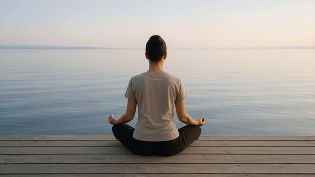 Seamless loop of woman meditating on dock. Gentle waves surrounding wooden pier at sunrise with reflective water.