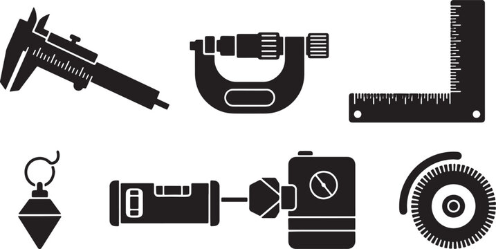 Black Solid Construction Measuring and Accuracy Tool Silhouettes Set of Six on White