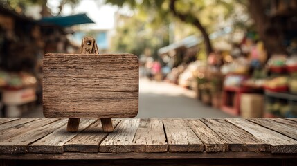 Rustic Wooden Sign on Table at Outdoor Market.