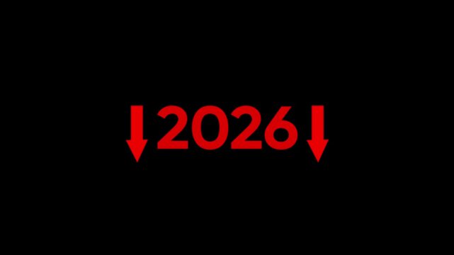 Red arrows pointing down next to the year 2020 from 2026 on a black background, symbolizing decline, loss, or negative trend for the year 2026 