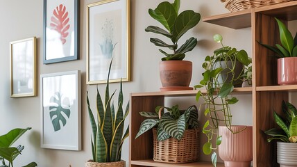 A serene indoor space featuring a variety of lush green plants on a wooden shelving unit against a calm white wall adorned with framed artwork
