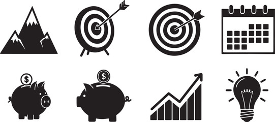 Black Solid Personal Finance Goal Setting Silhouettes Set of Six on White Background