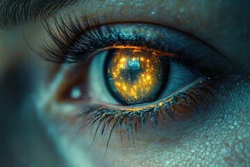 A close-up of a person's eye with a glowing orb in the pupil.