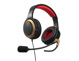 A black, red, and gold over-ear headset with a boom microphone