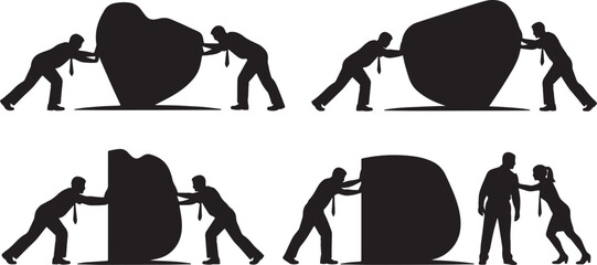 Black Solid Pushing Obstacle Effort Silhouettes Set of Six on White Background