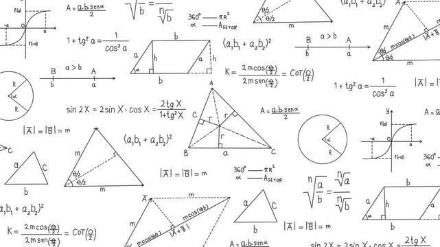 Animated school and scientific formulas on a white background. Black and white mathematical formulas and geometric shapes. Animated background on a school theme.
