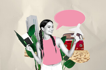 Naklejka premium Creative photo collage trend artwork template of chat tag text bubble abroad flight young lady hold tickets resort beach vacation summer