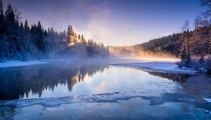 Fototapeta premium Misty winter lake at sunrise with snow-covered trees and sunbeams breaking through the fog reflecting on the calm water
