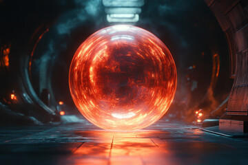 A red orb glowing in a dark room.