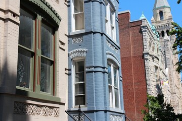 Capitol Hill residential street in Washington DC, USA. Brick generic townhouses.