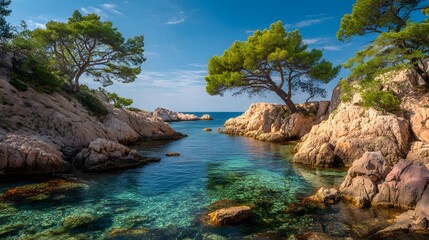 Serene Mediterranean Cove with Pine Trees and Crystal Clear Water.