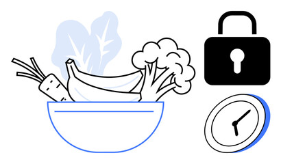 Nutrition, security, time management, healthy lifestyle, food safety, meal planning. Bowl of fruits and vegetables next to a lock and clock. Nutrition and security