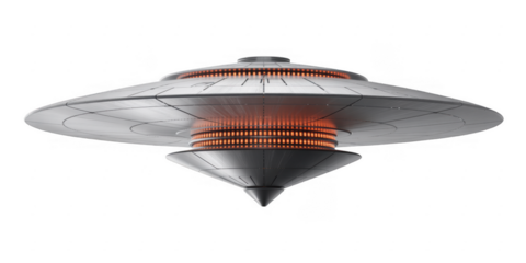 Silver UFO with orange lights spaceship alien isolated on a transparent background