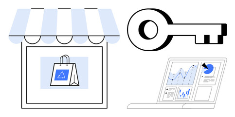 E-commerce, digital marketing, business analytics, data privacy, online shopping, cyber protection. Storefront with bag, key analytics on laptop. E-commerce and data privacy