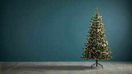 Elegant Christmas Tree with Gold Ornaments on Dark Teal Background with Copy Space