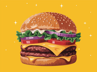 Flat Style Burger Vector Illustration, Cartoon Burger Vector Clipart, Burger Menu Icon Vector Design, Tasty Burger Food Vector Illustration