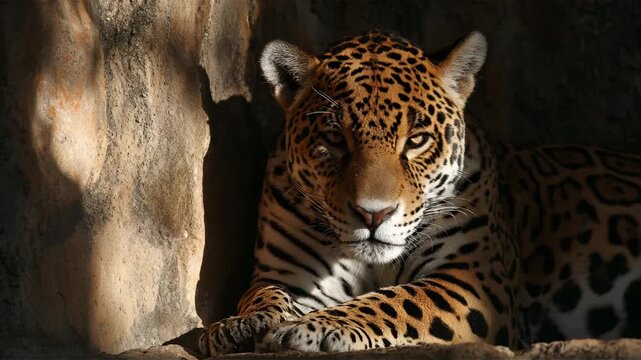 Jaguar Resting in Shadow with Intense Gaze in Natural Habitat