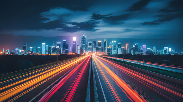 Long exposure light trails on highway leading to modern city skyline at night - Powered by Adobe