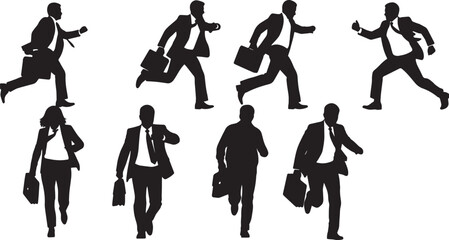 Black Solid Running Late Rushing Silhouettes Set of Six on White Background