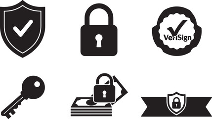 Black Solid Secure Transaction Badge Silhouettes Set of Six on White Background