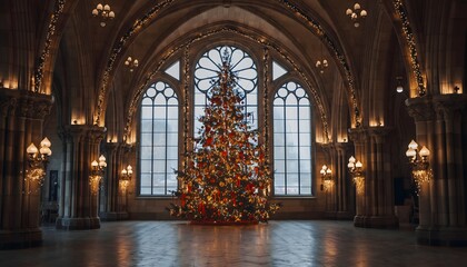Ornate Christmas tree in a grand hall with gothic architecture illuminated by warm lights and candles perfect for holiday season celebrations