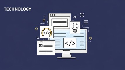 Abstract Technology Concept: Computer Screen with Code, Lightbulb, and Network Icons
