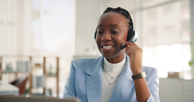 Call center, advice or black woman in office with laptop, lead generation or outbound contact in crm management. Telemarketing, smile or agent with tech, customer service or feedback in help desk.