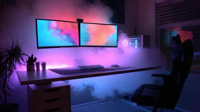 Modern RGB Gaming and Workstation Desk with Dual Monitors and Neon Lighting