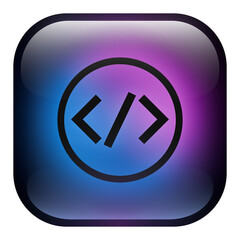Glass Square Button featuring a Code icon inside a Ring with Blue and Purple Neon Light