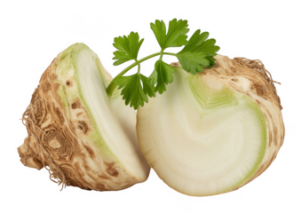 Sliced celeriac root with parsley on celery root vegetable isolated on a transparent background