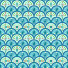 Seamless Winter Scallop Pattern with Stylized Deer Silhouette and Fair Isle Cross Stitch Motifs in Blue and Aqua Tones. © Chattakan