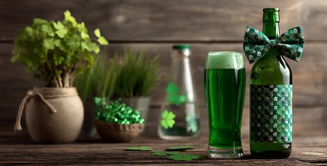 Festive st patrick s day setup with green drinks plants and decorative elements