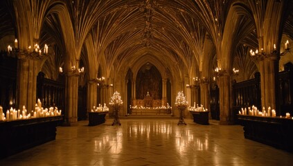 Obraz premium Long, ornate interior with vaulted ceiling, lit by countless candles and candelabras