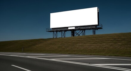 A blank billboard stands prominently on a grassy hill against a clear blue sky, positioned alongside a highway for maximum visibility to passing traffic