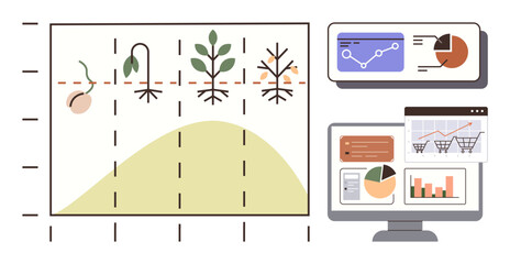 Stages of plant growth represented on a graph alongside data charts on monitors. Ideal for growth tracking, analytics, business intelligence, management, education, sustainability, simple flat
