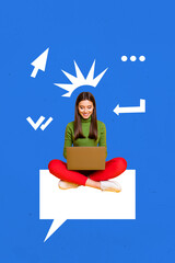 Naklejka premium Sketch template design 3D collage composite of young lady sit down huge speech cloud type laptop message speech quote communication chat