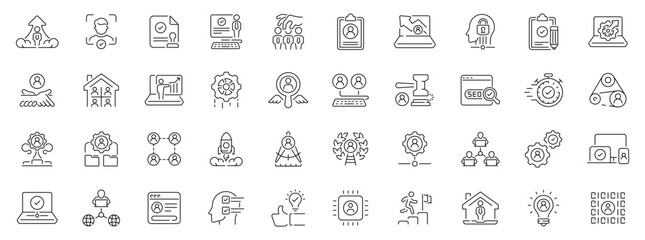 Crm icons set: editable line icons for customer management, outline interface tools