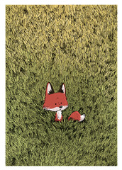 Naklejka premium Small red fox among the grass
