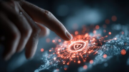 Futuristic visualization of the fight against data leak, human hands interact with a holographic lock like, concept of information security, blurred cyber background