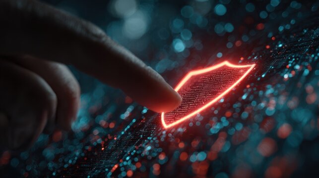 Futuristic visualization of the fight against data leak, human hands interact with a holographic lock like, concept of information security, blurred cyber background