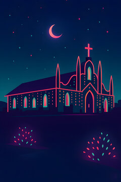 Retro mid-century Christmas church illustration with festive lights at night - Futuristic neon
