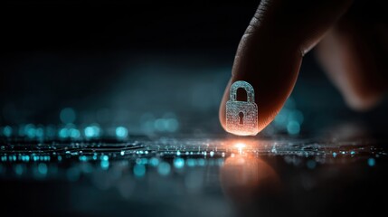 Futuristic visualization of the fight against data leak, human hands interact with a holographic lock like, concept of information security, blurred cyber background