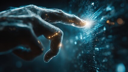 Conceptual visualization of harnessing the power of big data, a hand pointing to a holographic interface displaying real-time network data, the human touch to the vast, interconnected world big data.