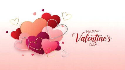 Happy valentines day collection of vibrant hearts with gold outline on soft pink gradient background greeting festive