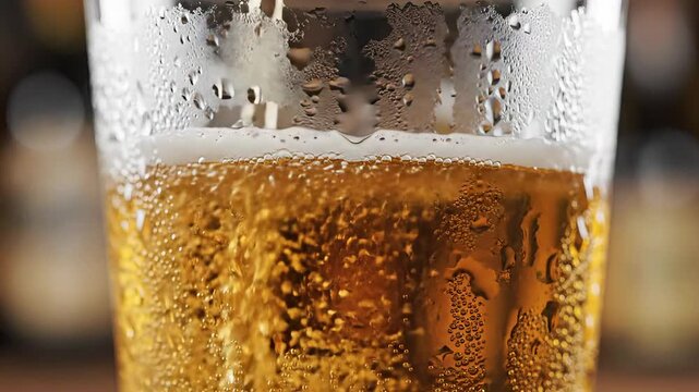 Closeup of a refreshing golden lager beer being poured into a cold frosty glass creating a frothy white head and countless visible bubbles perfect for a hot summer day a celebratory toast or a relaxi. - Powered by Adobe