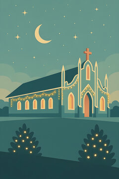 Retro mid-century Christmas church illustration with festive lights at night - Pastel shades