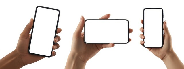 Set of Hands Holding Smartphones with Blank White Screens Isolated on White Background