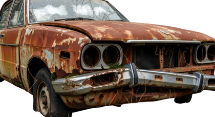 Rusty vintage car with peeling paint and worn-out exterior, isolated on transparent background